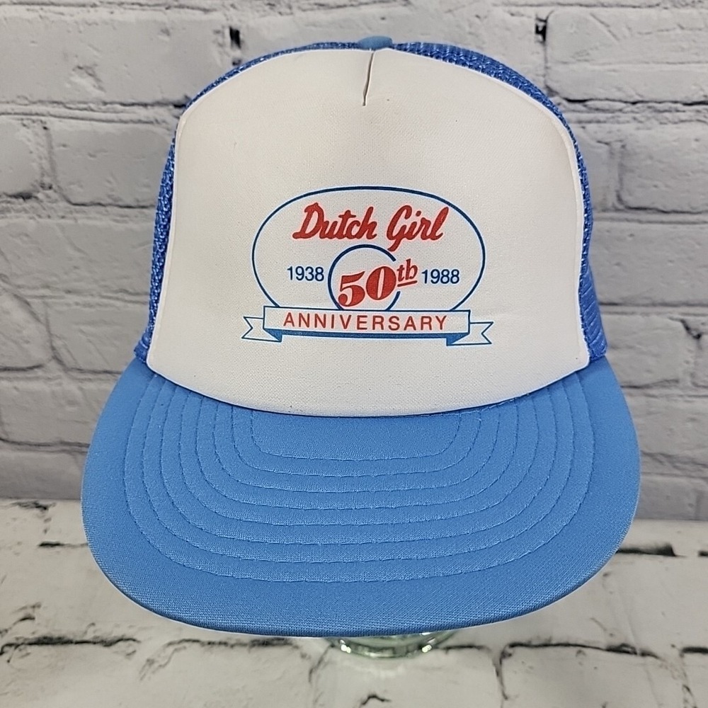 Vintage 80s‎ Trucker Hat Dutch Girl Anniversary Blue Mesh Snapback Otto Ball Cap